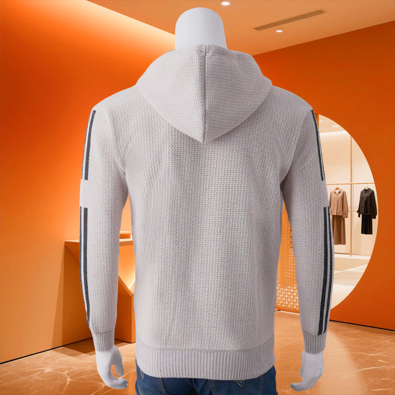 Herren Kapuzen-Sweatjacke mit Reißverschluss, texturierter Strick, Seitentaschen und Kontraststreifen Drune