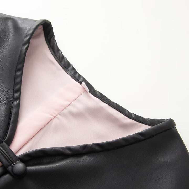 Damen Lockerer Lederimitat-Mantel mit Bindeschnüren, V‑Ausschnitt und aufgesetzten Taschen Drune