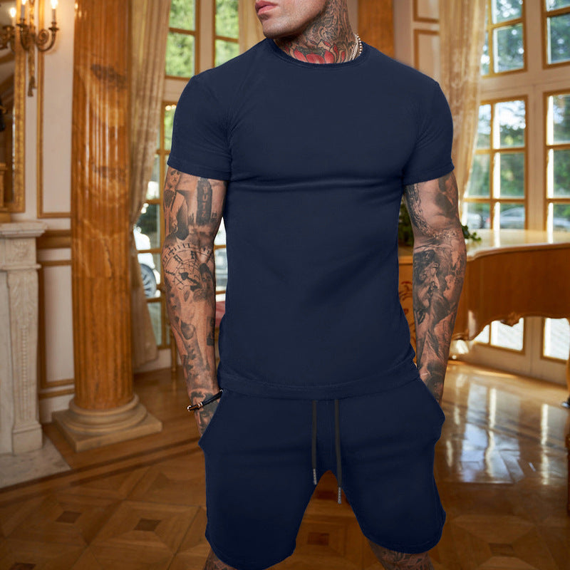 Herren nan schlankes Jersey-Set mit Rundhalsshirt und elastischer Tunnelzug-Shorts Drune