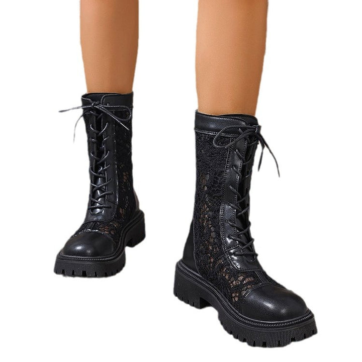 Damen Schnürstiefel mit Spitzeneinsätzen, robuster Profilsohle und Lederoptik Drune