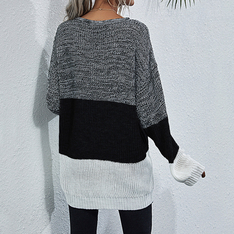 Damen Longline-Grobstrickpullover mit Farbbalken, Rundhalsausschnitt und leicht überschnittener Schulter Drune