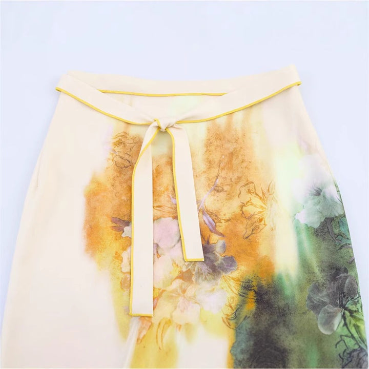 Damen Midirock mit Aquarell‑Print, geradem Schnitt und Zierbindegürtel Drune