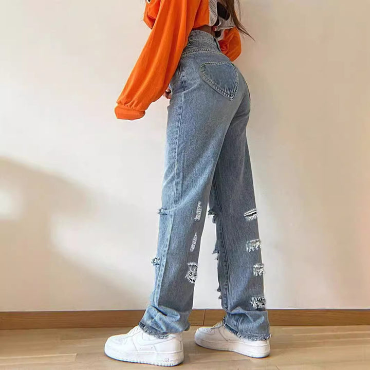 Damen Hochtaillierte Baggy-Jeans im Vintage-Ripped-Design mit weitem Bein und ausgefranstem Saum Drune