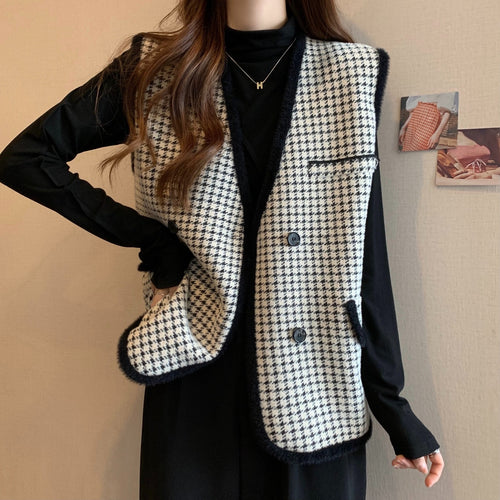 Damen Strickweste mit modischem Karomuster und praktischen Taschen Drune