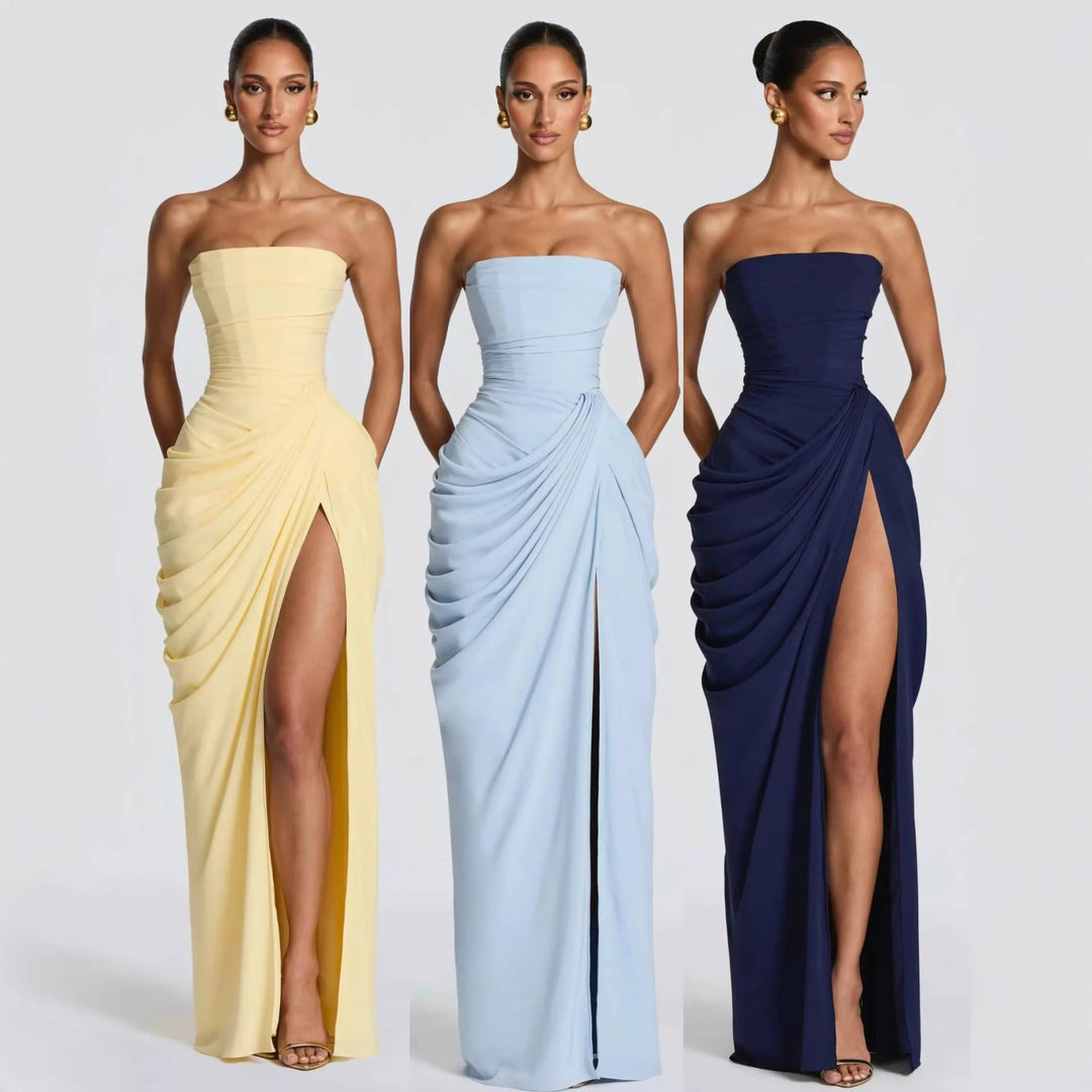 Damen Elegantes Bandeau Abendkleid mit Raffungen und Beinschlitz Drune