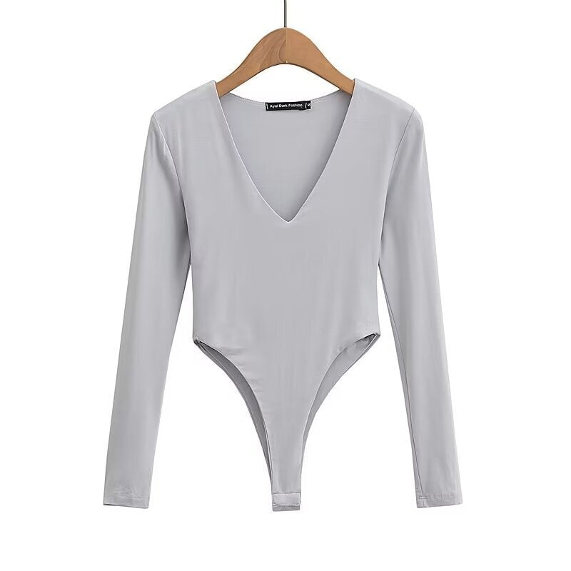 Damen figurbetontes Langarmbodysuit mit tiefem V-Ausschnitt Drune