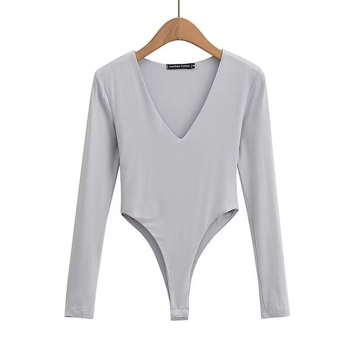 Damen figurbetontes Langarmbodysuit mit tiefem V-Ausschnitt Drune