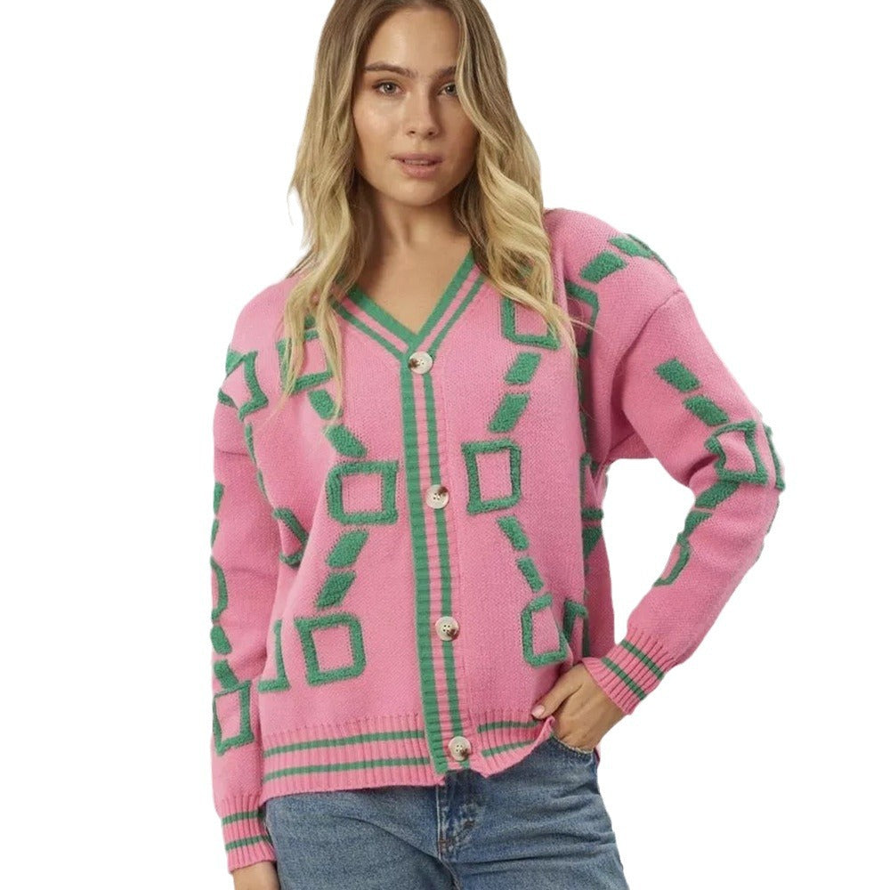 Damen Oversized Strickjacke mit großem geometrischen Muster und Knopfverschluss Drune