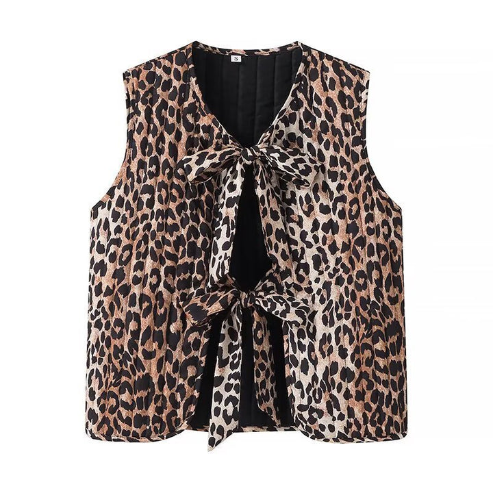 Damen Ärmellose Chiffon-Bluse mit Leopardenprint und doppelter Schleifenfront Drune