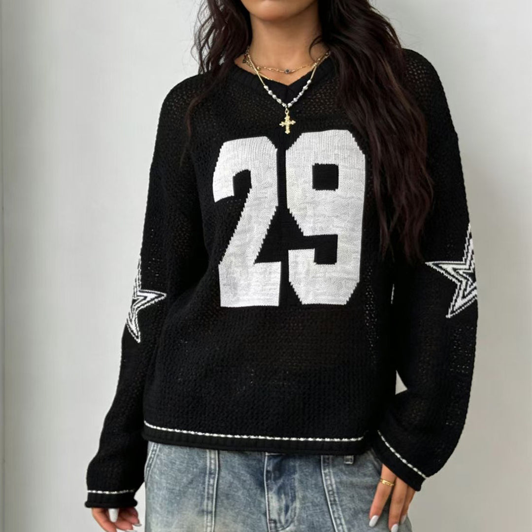 Damen Sportlicher Oversized Pullover mit Motivstickerei Drune