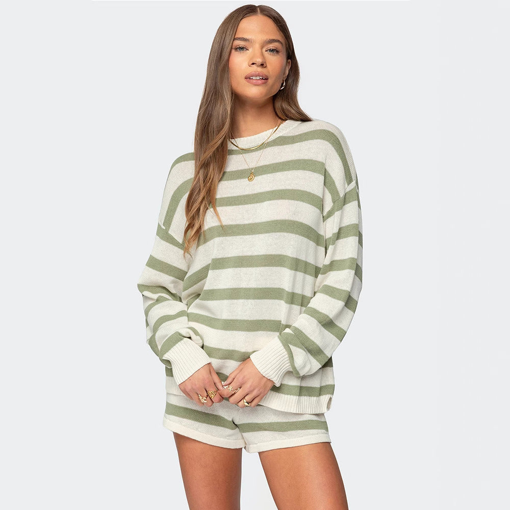 Damen lässiger Strickanzug mit gestreiftem Design und lockerem Schnitt Drune