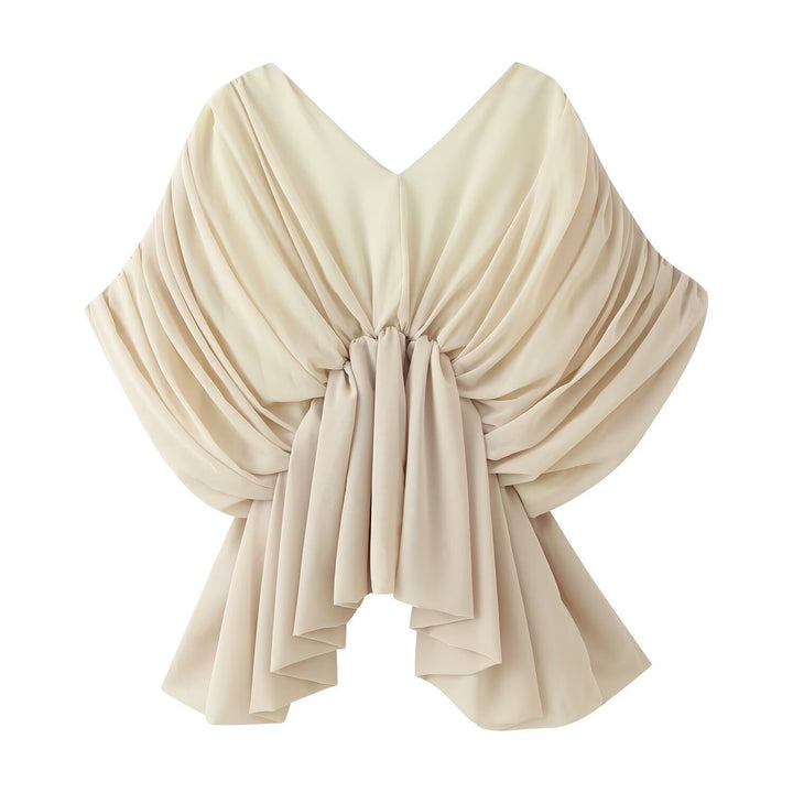 Damen Drapiertes Chiffon-Top mit tiefem V‑Ausschnitt und Volant‑Cape Drune