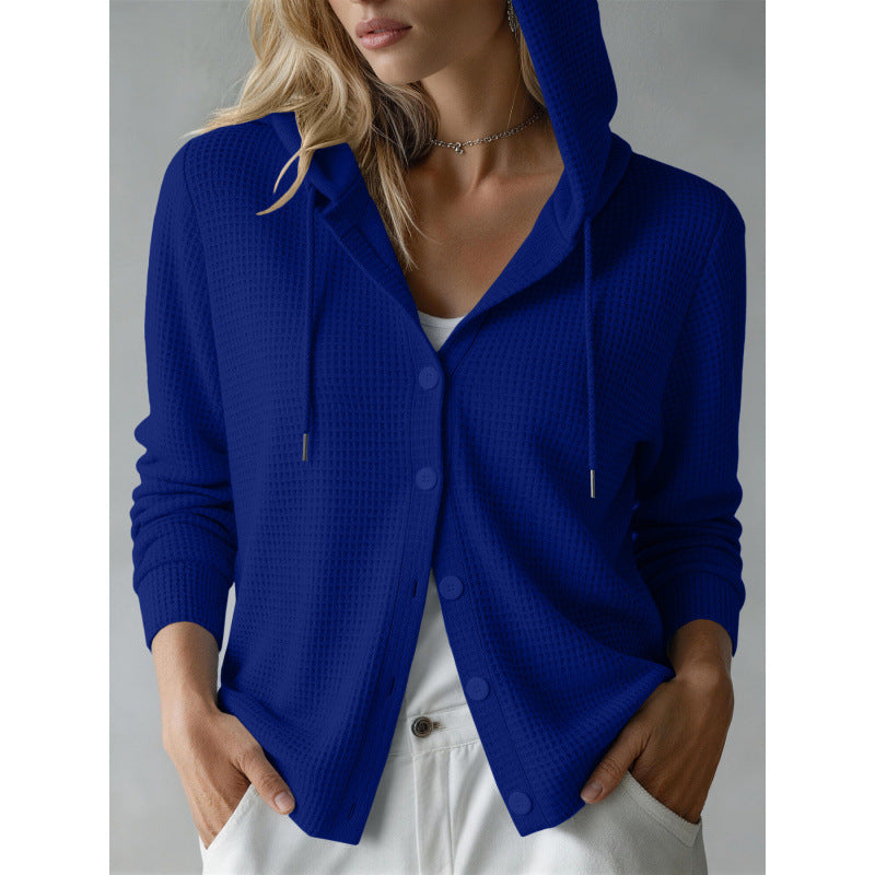 Damen Kapuzen-Strickjacke mit Waffelstruktur und Knopfleiste Drune
