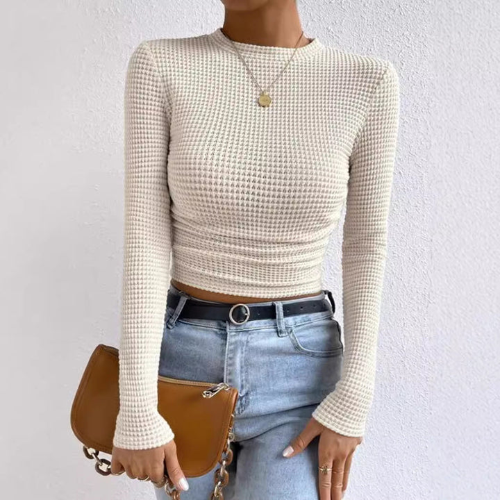 Drune | Langarm T Shirt Slim Passform Weicher Strukturstrick Rüschentasche Kurzes Modell