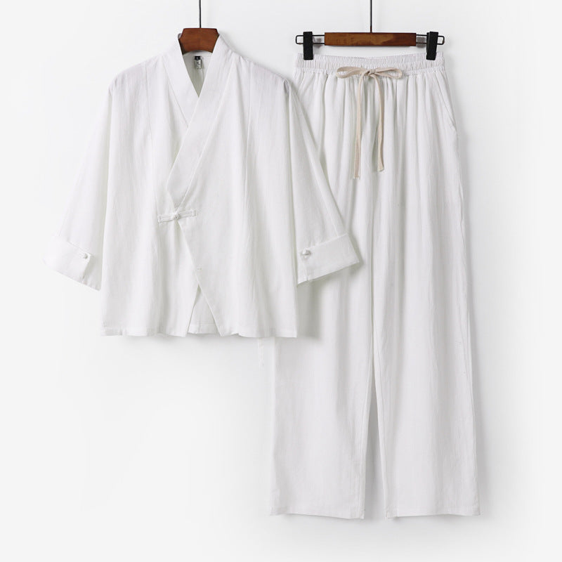 Unisex Leichtes Zen-Lounge-Set im Kimono-Stil mit überschnittener Schulter verdeckter Knotenleiste und elastischer Tunnelzughose Drune