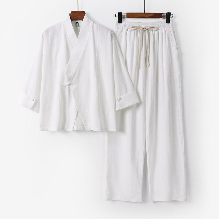 Unisex Leichtes Zen-Lounge-Set im Kimono-Stil mit überschnittener Schulter verdeckter Knotenleiste und elastischer Tunnelzughose Drune