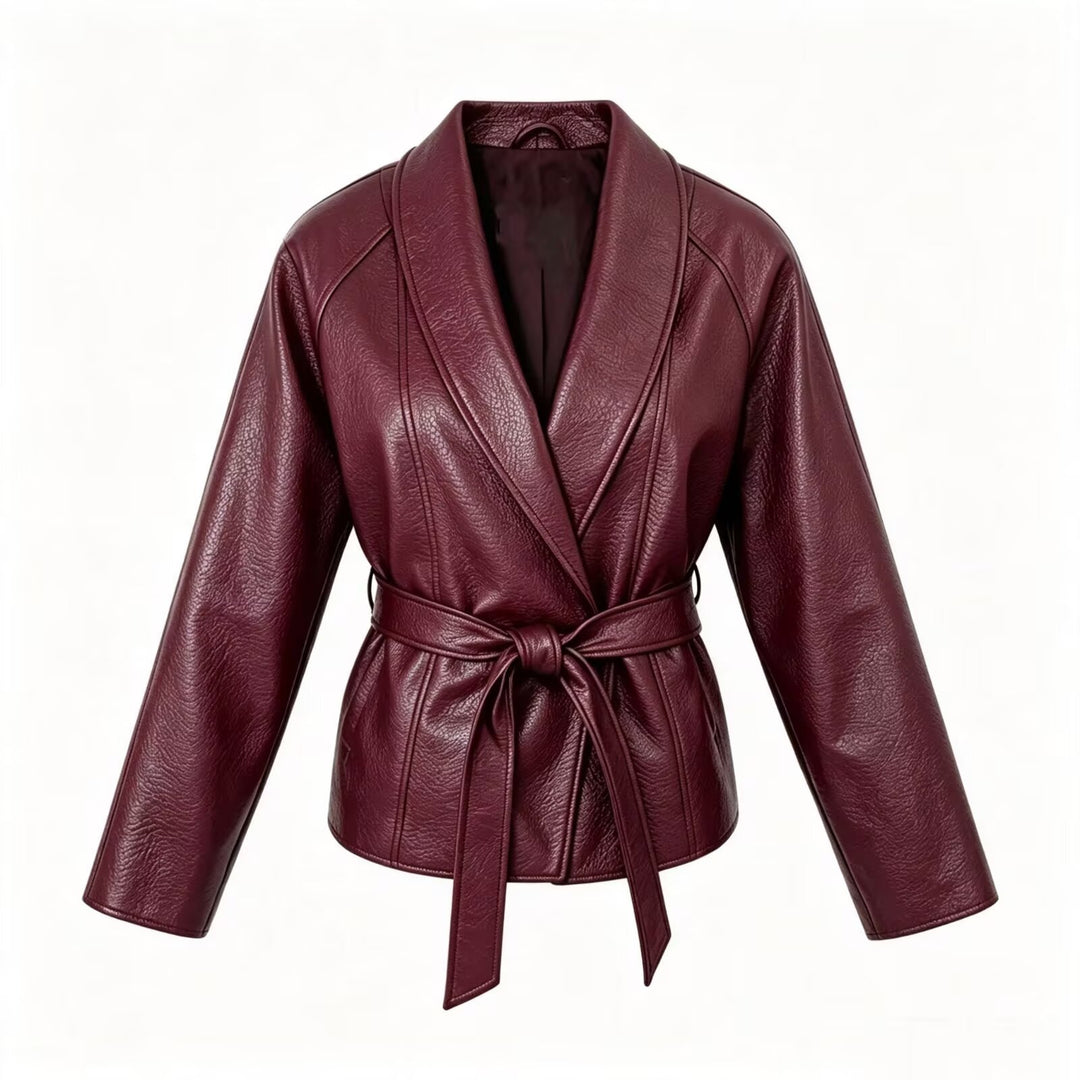 Damen Taillierte Kunstlederjacke mit Schalkragen und Bindegürtel Drune