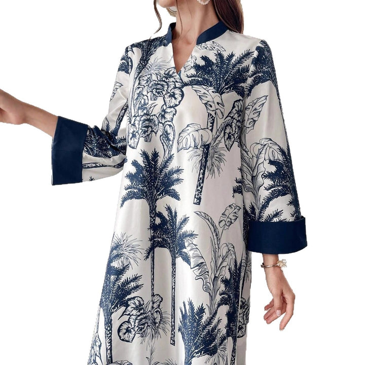 Damen Maxikleid in Satinoptik mit Palmenprint, Stehkragen und weitem 3/4-Ärmel Drune
