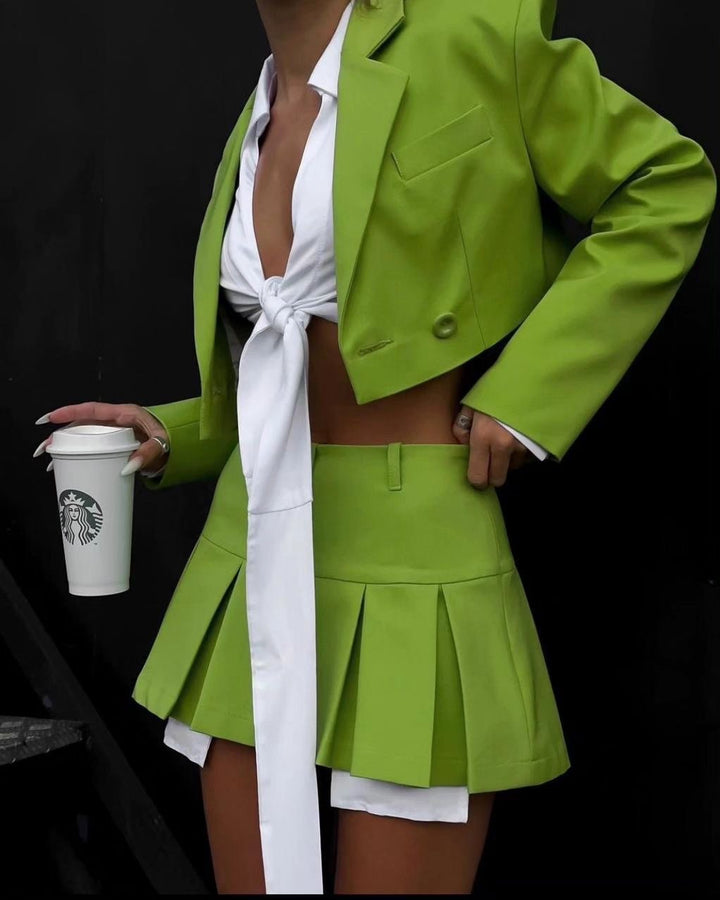 Damen modisches Blazer-Rock-Set mit stylischem Kragen und Faltenrock Drune