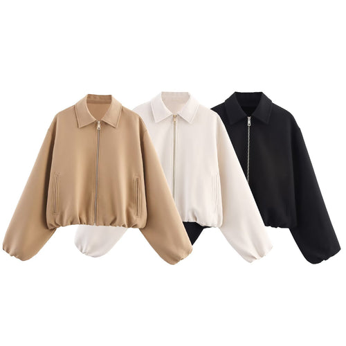 Damen 20+ kurze oversized Blousonjacke mit Reißverschluss gerafftem Saum und Ballonärmeln Drune