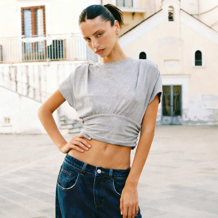 Damen lässiges Oversized T-Shirt mit elastischem Bund und Raffung Drune