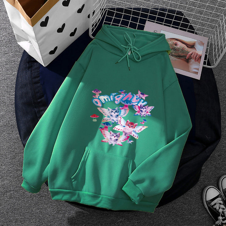 Damen nan Kapuzenpullover mit verspieltem Katzen‑Schmetterlings-Print und Kängurutasche Drune