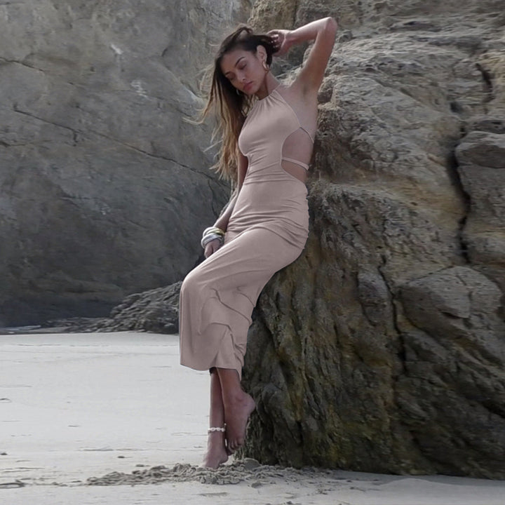 Damen figurbetontes Maxikleid mit asymmetrischem Ausschnitt und elegantem Rückenausschnitt Drune