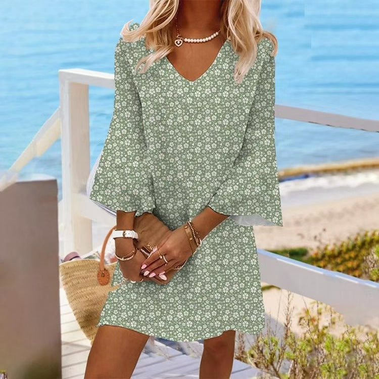 Damen nan leichtes florales V-Ausschnitt Minikleid mit Glockenärmeln und A-Linien-Schnitt Drune