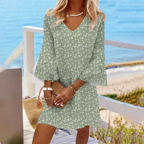 Damen nan leichtes florales V-Ausschnitt Minikleid mit Glockenärmeln und A-Linien-Schnitt Drune