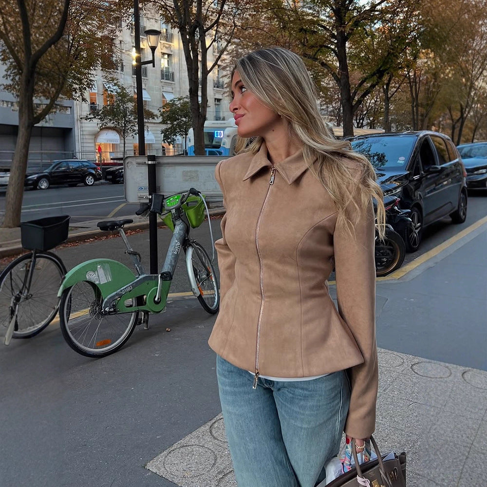 Damen Taillierte Velourslederoptik-Jacke mit Zweiwege-Reißverschluss Drune