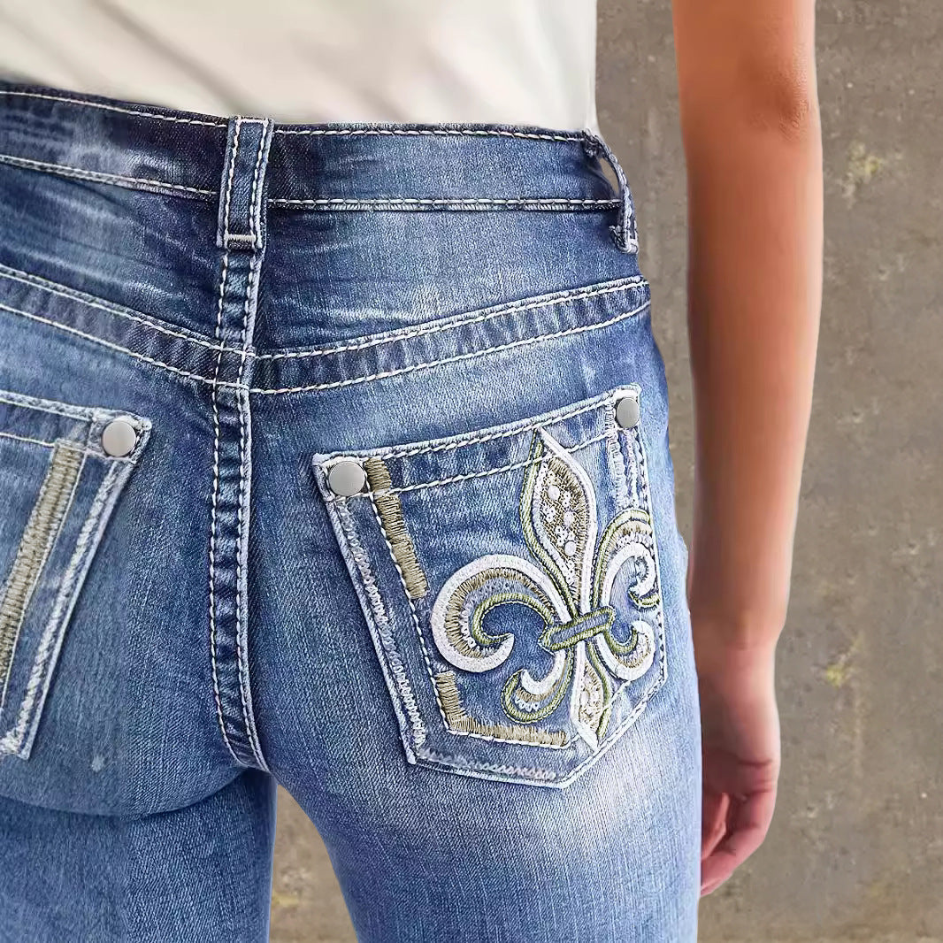 Damen Flared Jeans im Vintage-Stil mit hochgradigem Detail und raffinierten Stickereien Drune