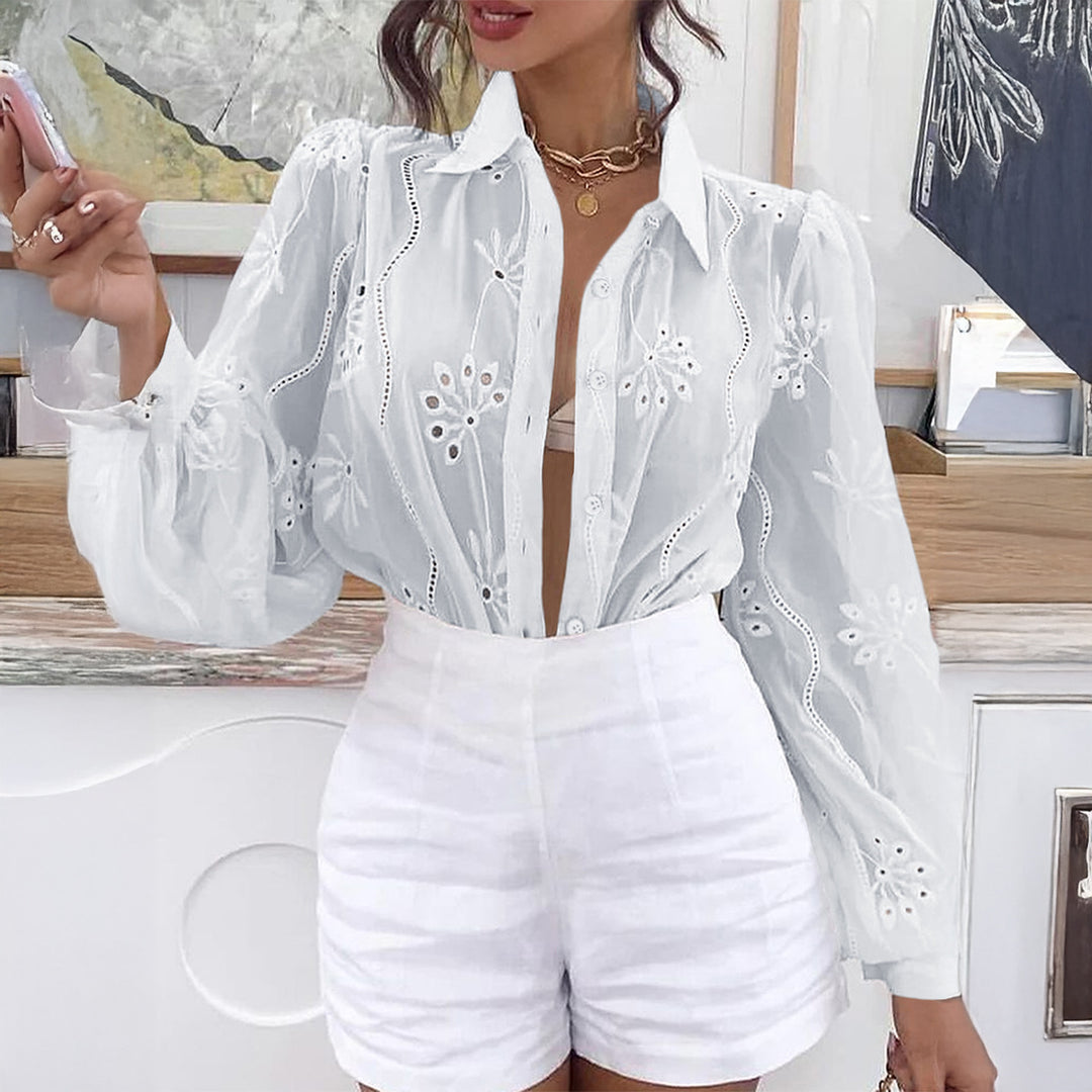 Damen Transparente Bluse mit Stickereien und Rüschendetails Drune