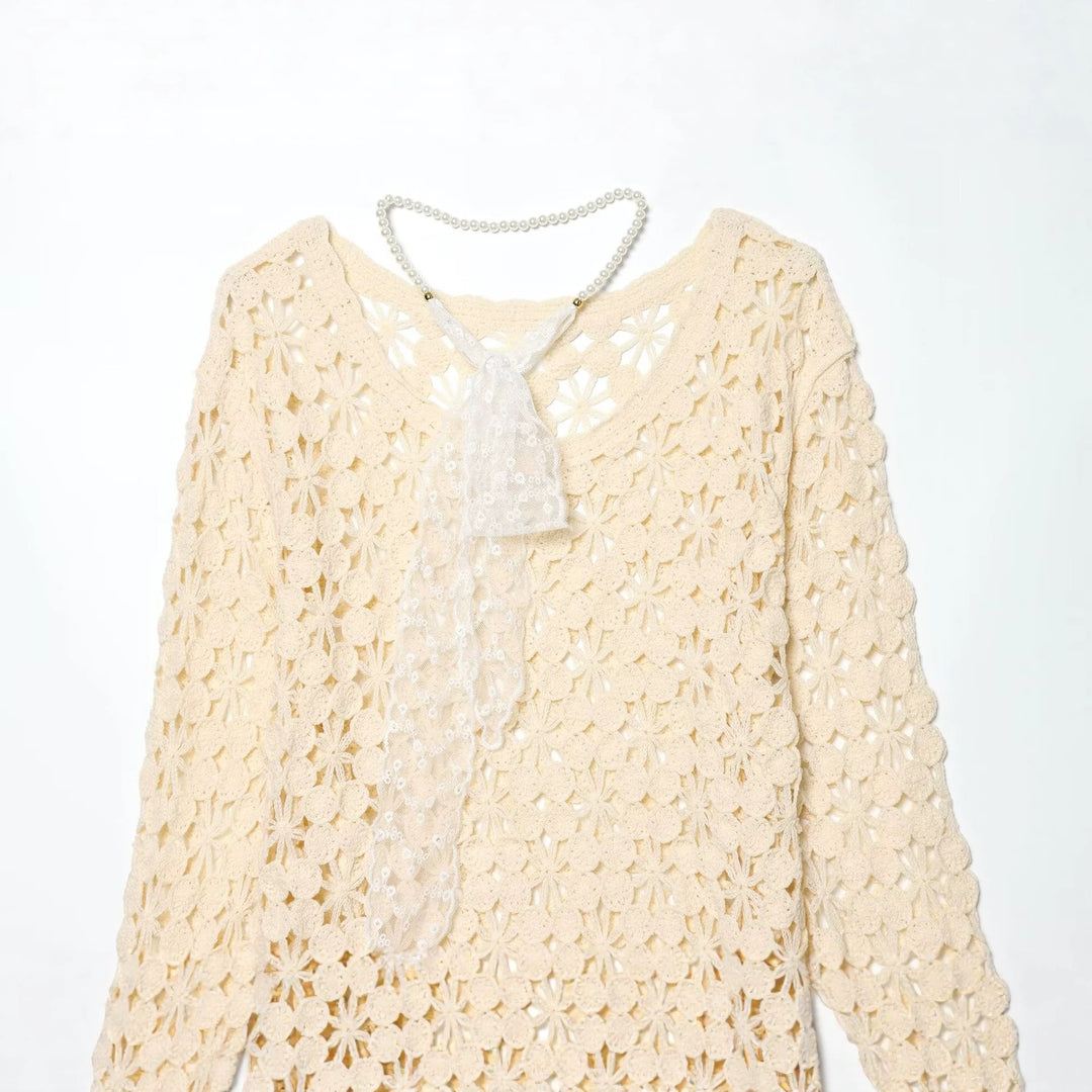 Damen Häkelpullover mit floraler Lochspitze und zarter Spitzen-Schleife Drune