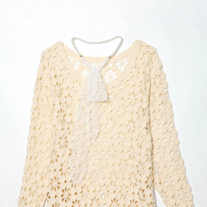 Damen Häkelpullover mit floraler Lochspitze und zarter Spitzen-Schleife Drune