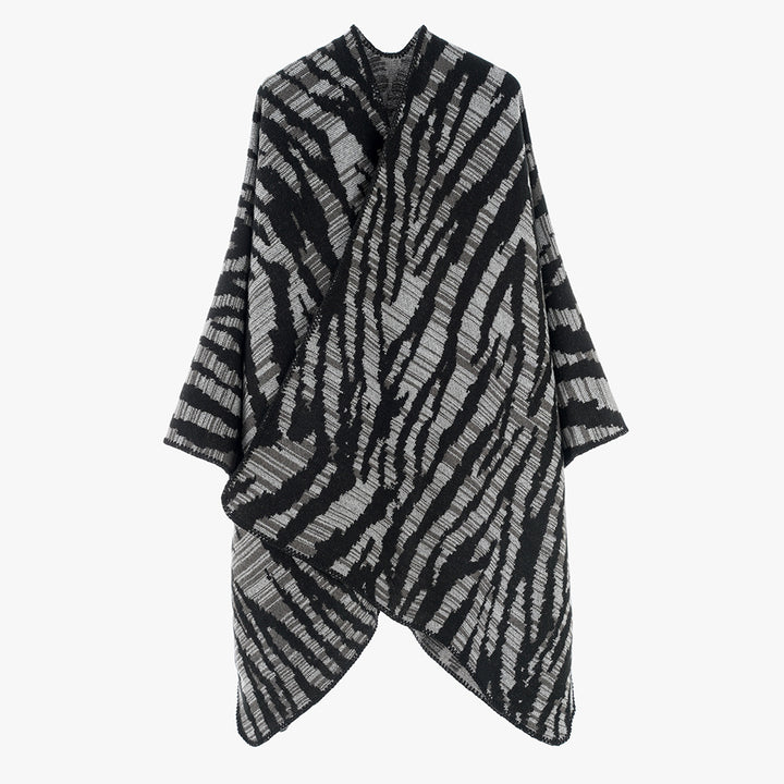 Damen Grobstrick‑Poncho im Cape‑Schnitt mit Zebra‑Jacquard und offener Kimonoärmelung Drune