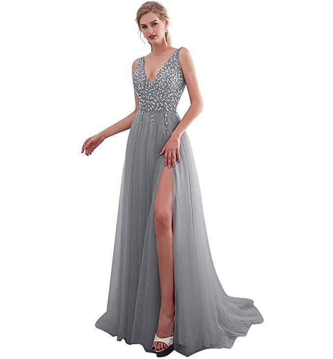 Damen Elegantes Maxikleid mit schimmerndem Oberteil und hohem Schlitz Drune