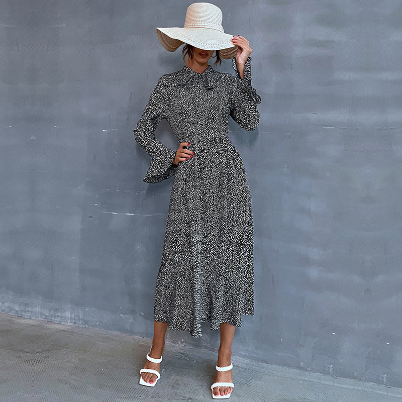 Damen Midikleid mit Stehkragen und Bindeschleife, Langarm A‑Linie mit feinem Pünktchenmuster Drune