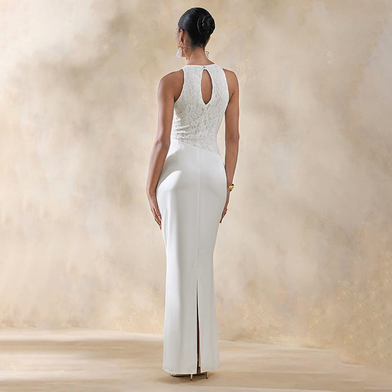Damen Elegantes Hochzeitskleid mit Spitzenoberteil und gerafftem Saum Drune