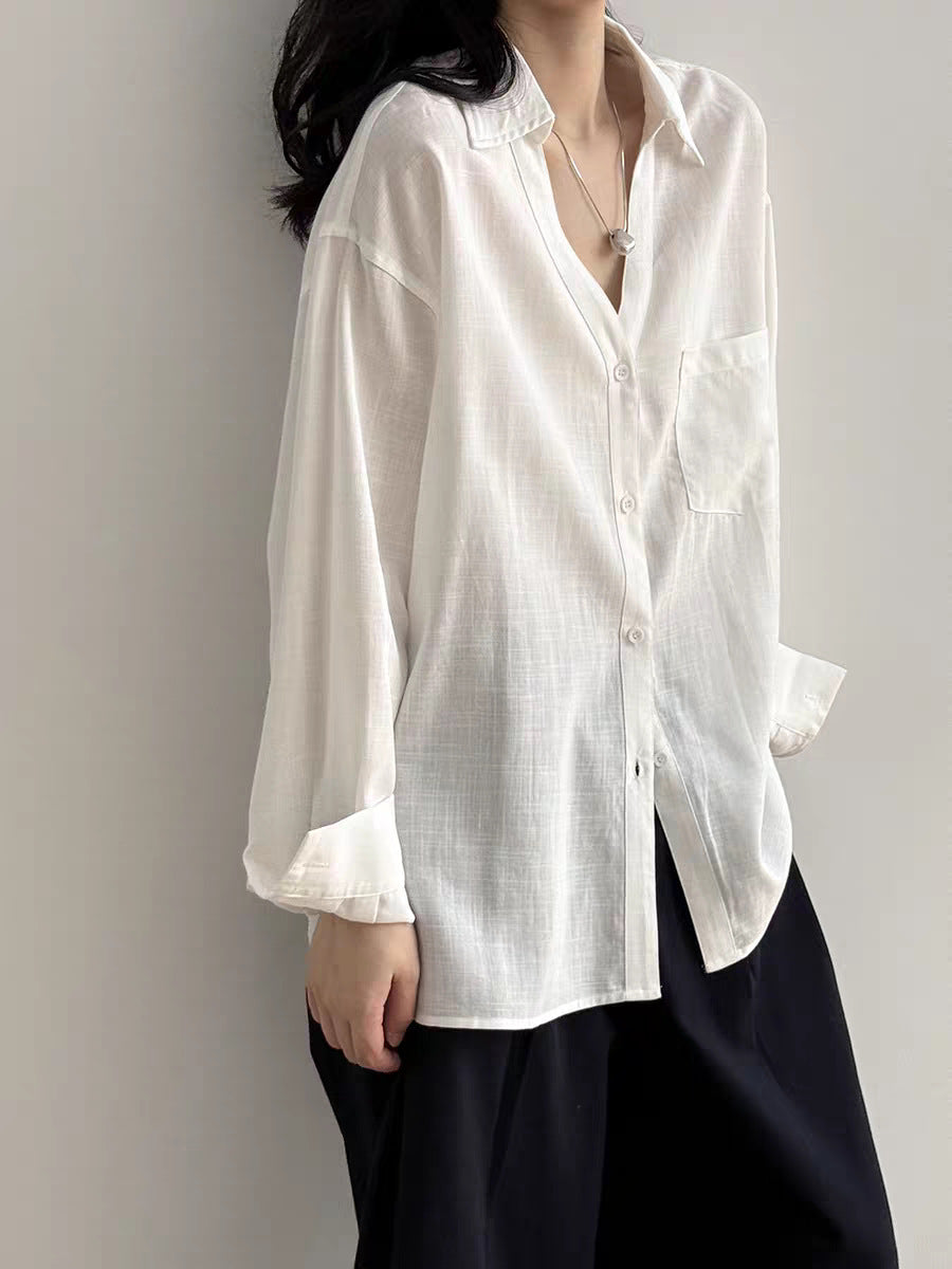 Damen Lässiges Leinenoptik-Longshirt mit Oversize-Schnitt und Brusttasche Drune