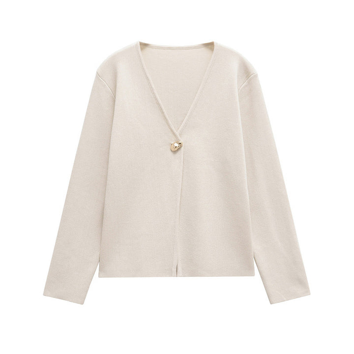 Damen schicke Strickjacke mit elegantem V-Ausschnitt und dekorativem Knopf Drune