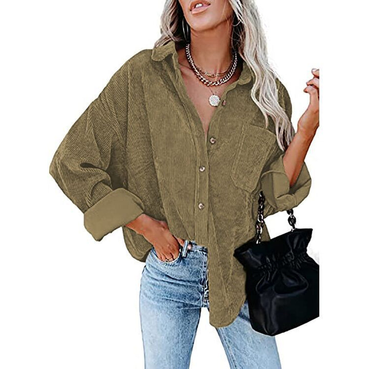 Damen Oversize Cordhemdjacke mit Brusttasche und durchgehender Knopfleiste Drune