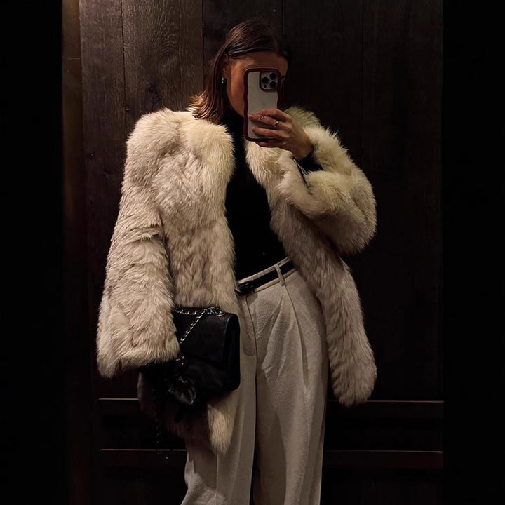 Damen Boxy-Kunstpelzjacke mit strukturierter Shag‑Optik und voluminösem Schalkragen Drune