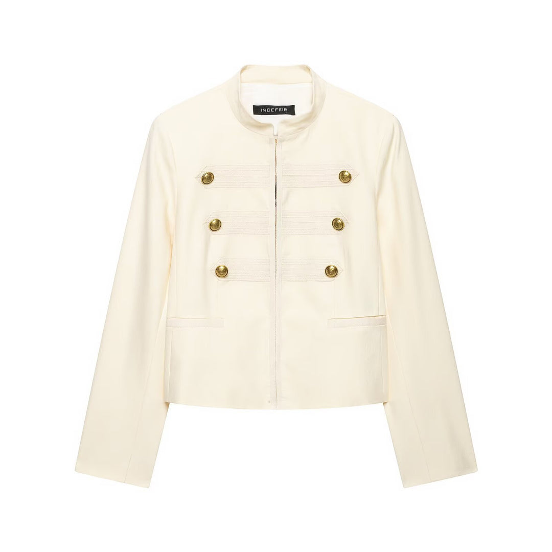 Damen Cropped Militärblazer mit Stehkragen, Zierstreifen und goldenen Statementknöpfen Drune