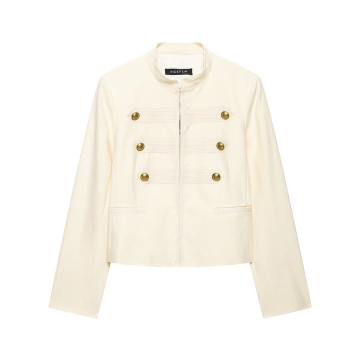 Damen Cropped Militärblazer mit Stehkragen, Zierstreifen und goldenen Statementknöpfen Drune