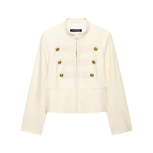 Damen Cropped Militärblazer mit Stehkragen, Zierstreifen und goldenen Statementknöpfen Drune