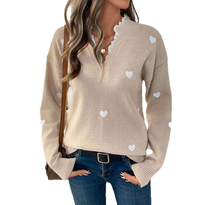 Damen modischer Pullover mit Herz-Applikationen Drune