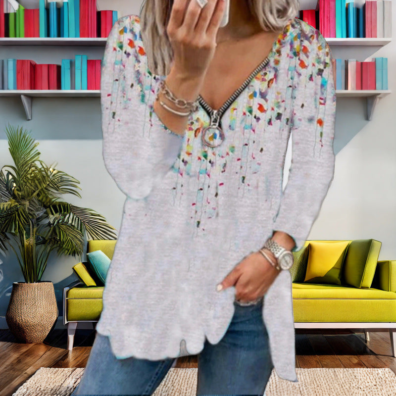 Damen Langarmshirt mit farbenfrohem Blütenmuster und modernem Zipper Drune