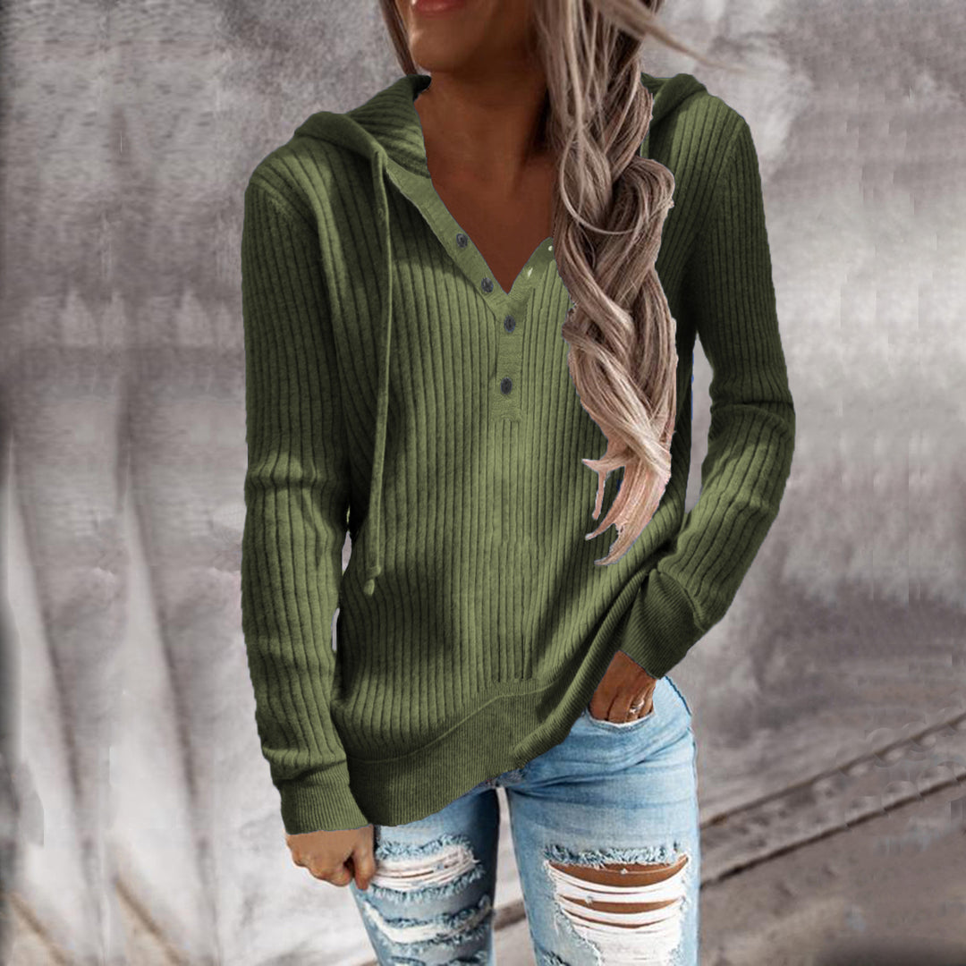Damen Lässiger gerippter Hoodie-Pullover mit Henley-Knopfleiste und Tunnelzug Drune