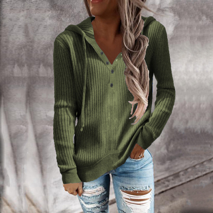 Damen Lässiger gerippter Hoodie-Pullover mit Henley-Knopfleiste und Tunnelzug Drune