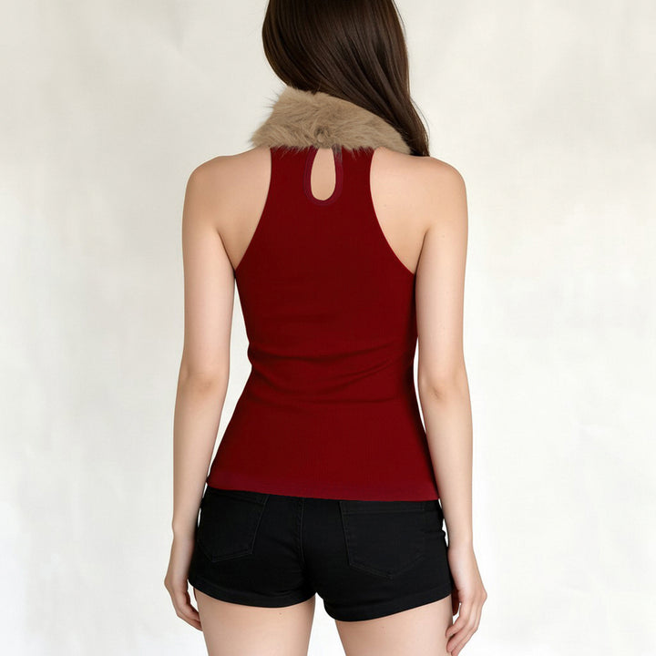 Damen elegantes langes Abendkleid mit raffiniertem Halter-Design und luxuriösem Kunstfellkragen Drune